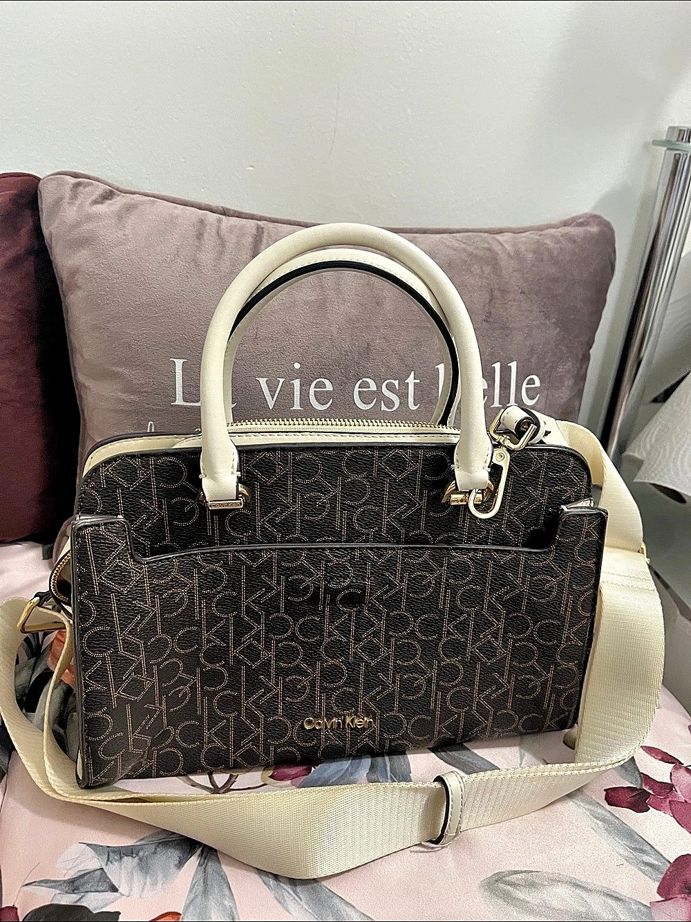 Calvin Klein Bianca Triple Compartment Satchel Brown & White